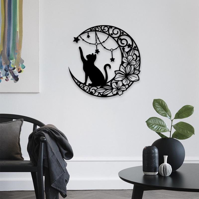 Wrought Iron Moon & Black Cat Silhouette Wall Ornament