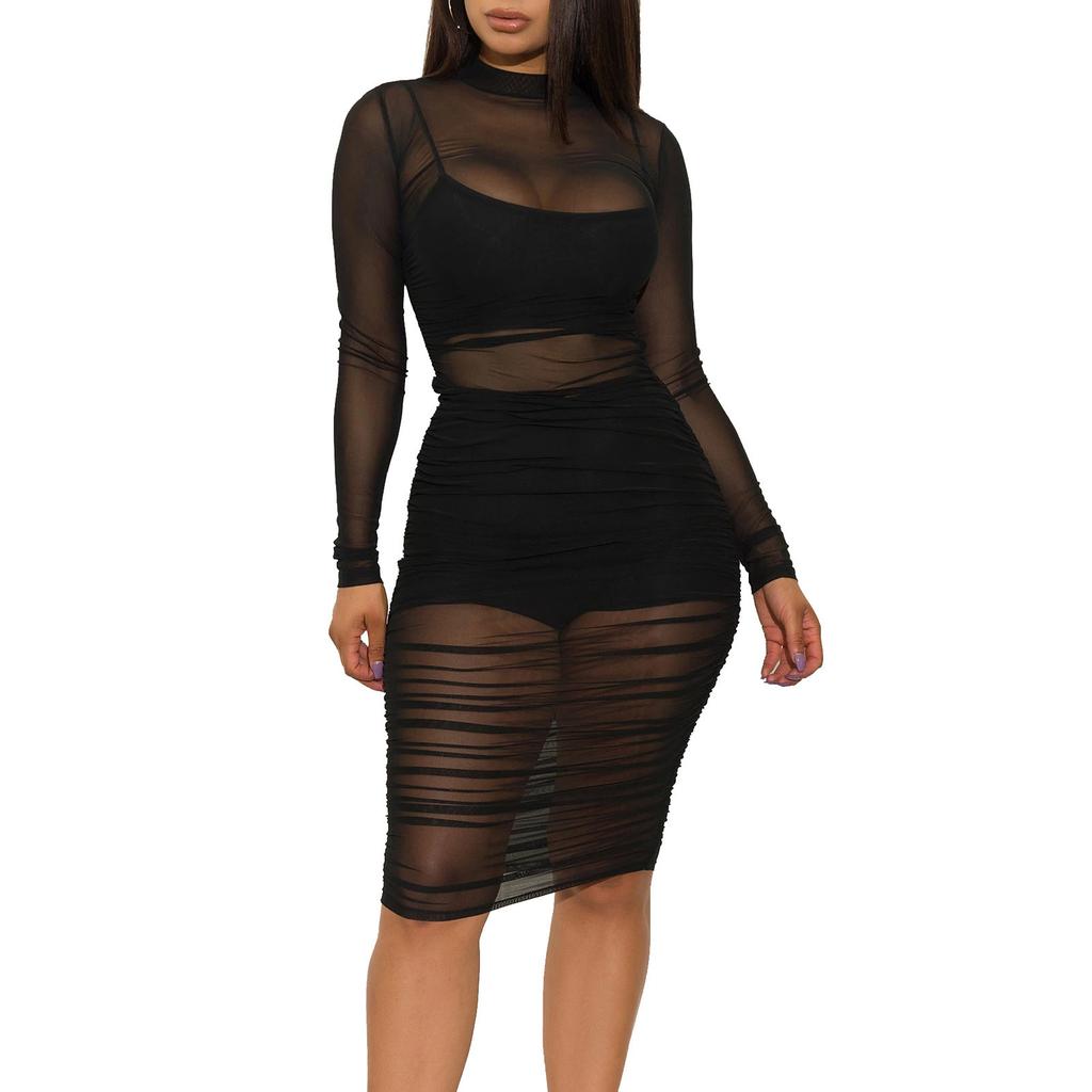 Women’s Sexy Three Piece Outfit Long Sleeve Sexy Sheer Ruched Mesh Dress with Vest and Shorts