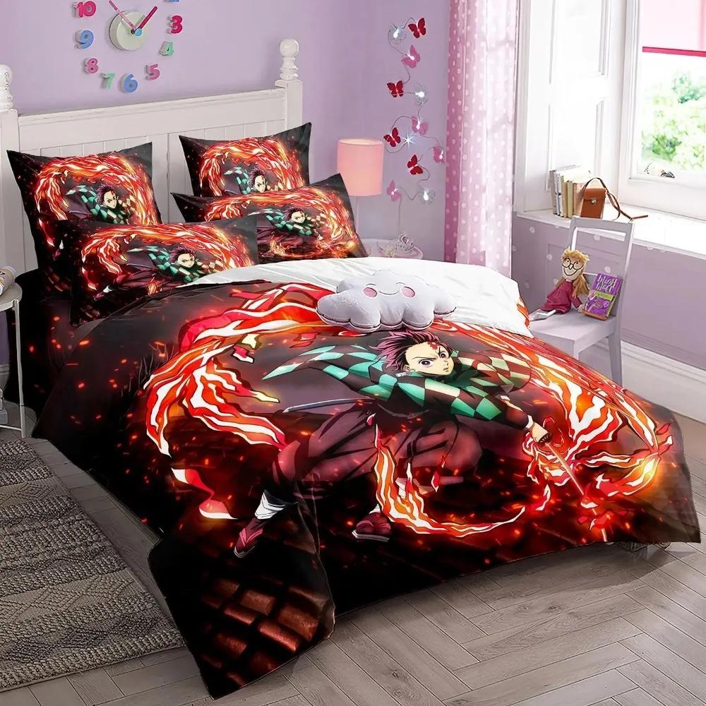 Anime Demon Slayer Comforter Sets, 3D Bedding Set, Duvet Cover Pillowcase with Zipper 140x200cm, Gift for Boys and Girls.