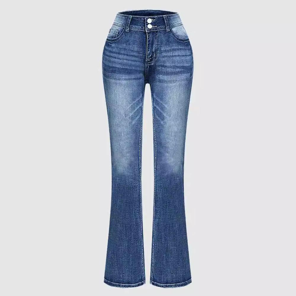 Women's Double Button High Waist Flared Jeans Stretch Washed Denim Bootcut Pants Vintage Casual Long Denim Trousers