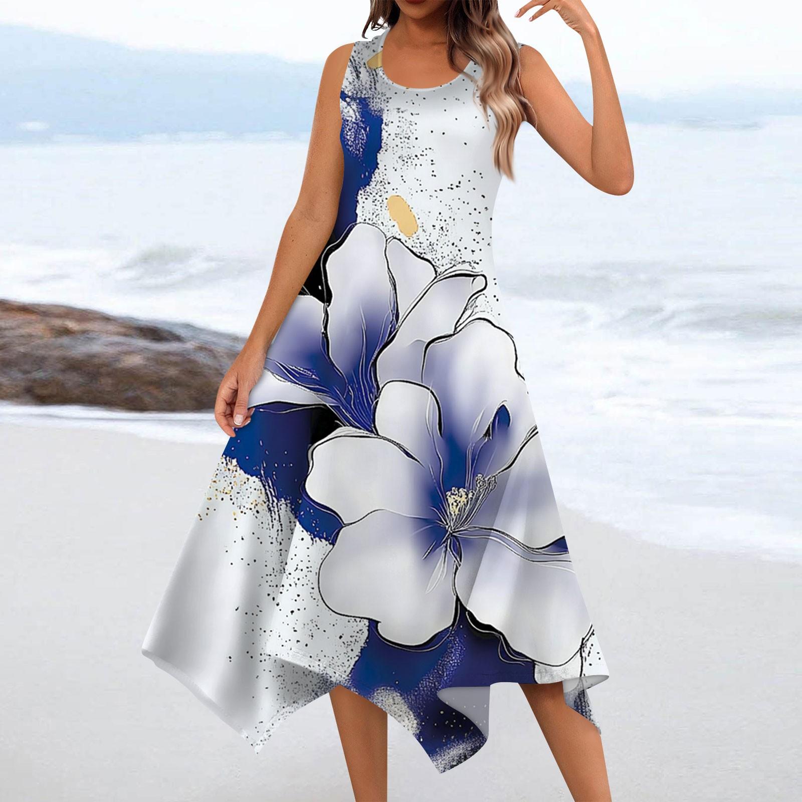 

Женское повседневное модное платье миди без рукавов с круглым вырезом и цветочным принтом, нерегулярный подол L синий