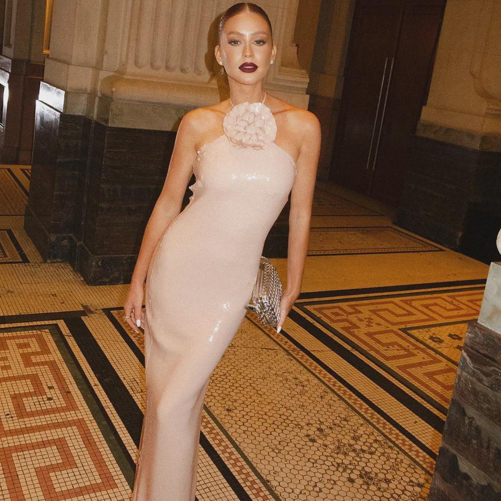 2024 Elegancka morelowa i biała sukienka wieczorowa z dekoltem halter dla kobiet