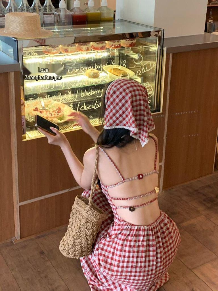 2026 Women's Red Plaid Open Back Strappy Summer Dress with Slim Waist and Pastoral Style Long Skirt