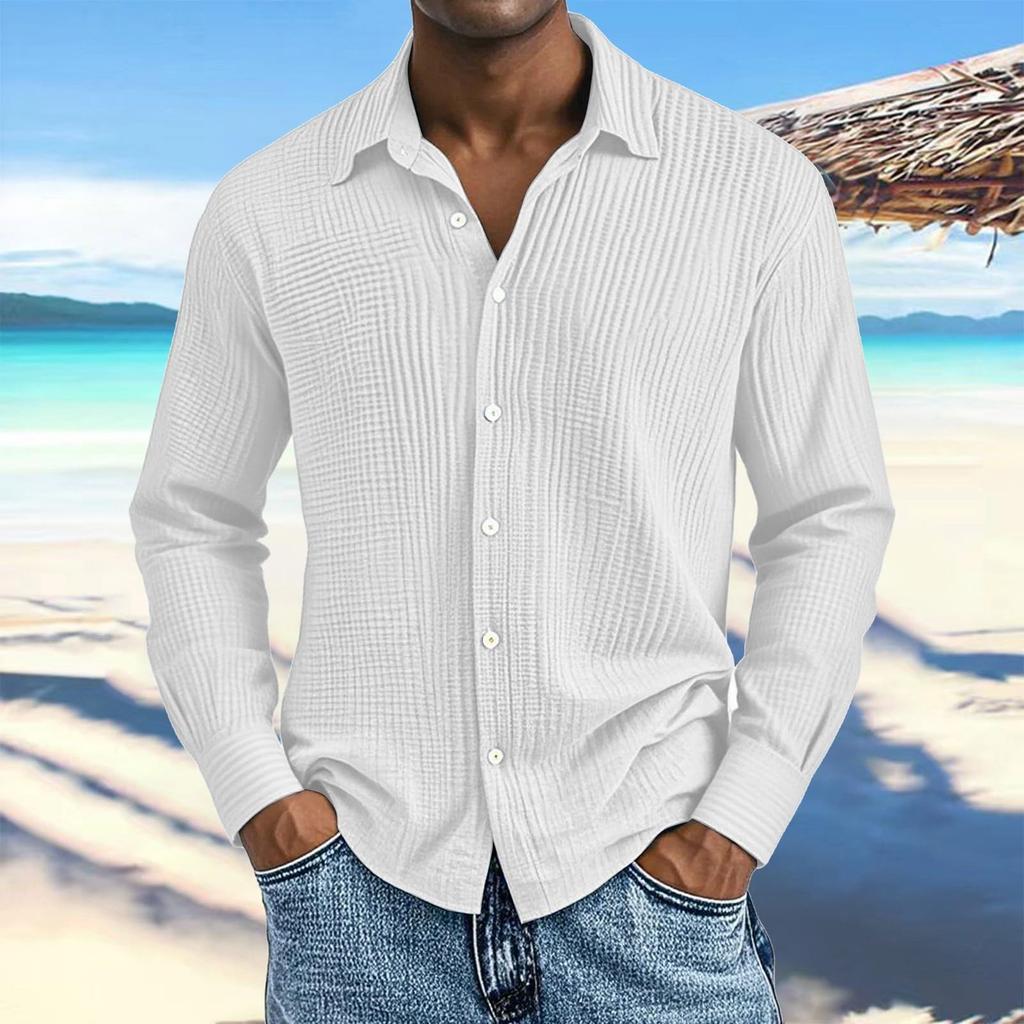 Men's Cotton Shirts Long Sleeve Casual Button Down Textured T-Shirt Loose Vacation Beach Lightweight Topsrt