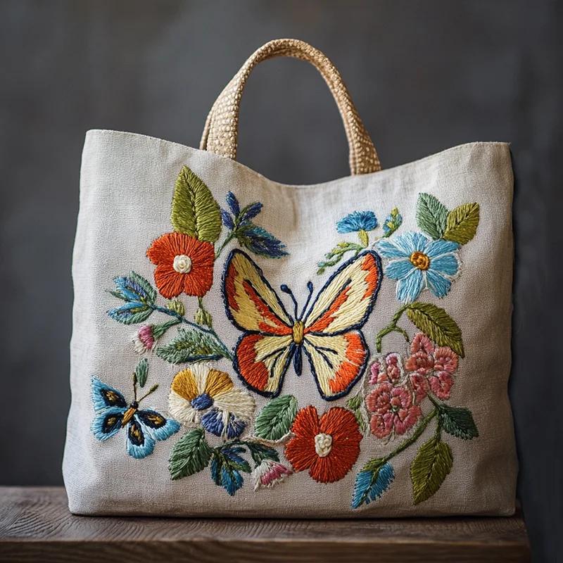 DIY Linen Tote Bag Cross Stitch Sewing Needlepoint Embroidery Kit with Stamped Flower Butterfly Pattern Hoops Threads
