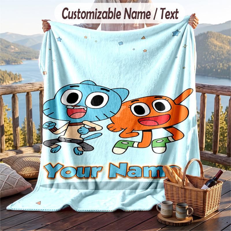 Amazing World of Gumball Flannel Blanket, Personalized Custom Name Text, Soft Warm Plush Throw Blanket For Gift
