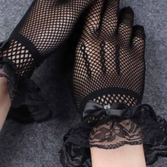 Women's Short Lace Gloves Sheer Mesh Tulle Wrist Length Gloves with Bow Wedding Bridal Fishnet Gloves Opera Tea Party Accessory
