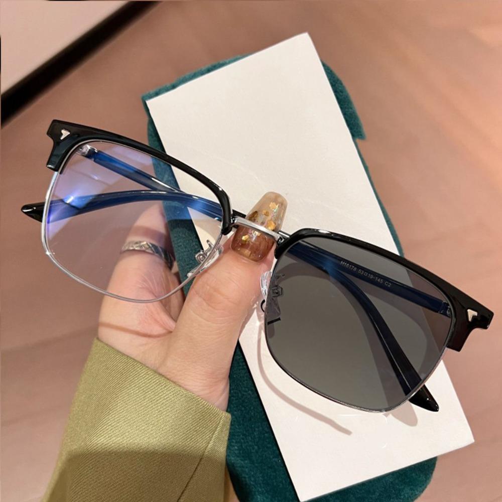 PC Metal Pochromic Glasses Black Grey Silver Oval UV Shades Sunglasses Half Frame Anti Eyestrain Reading Glasses Readers