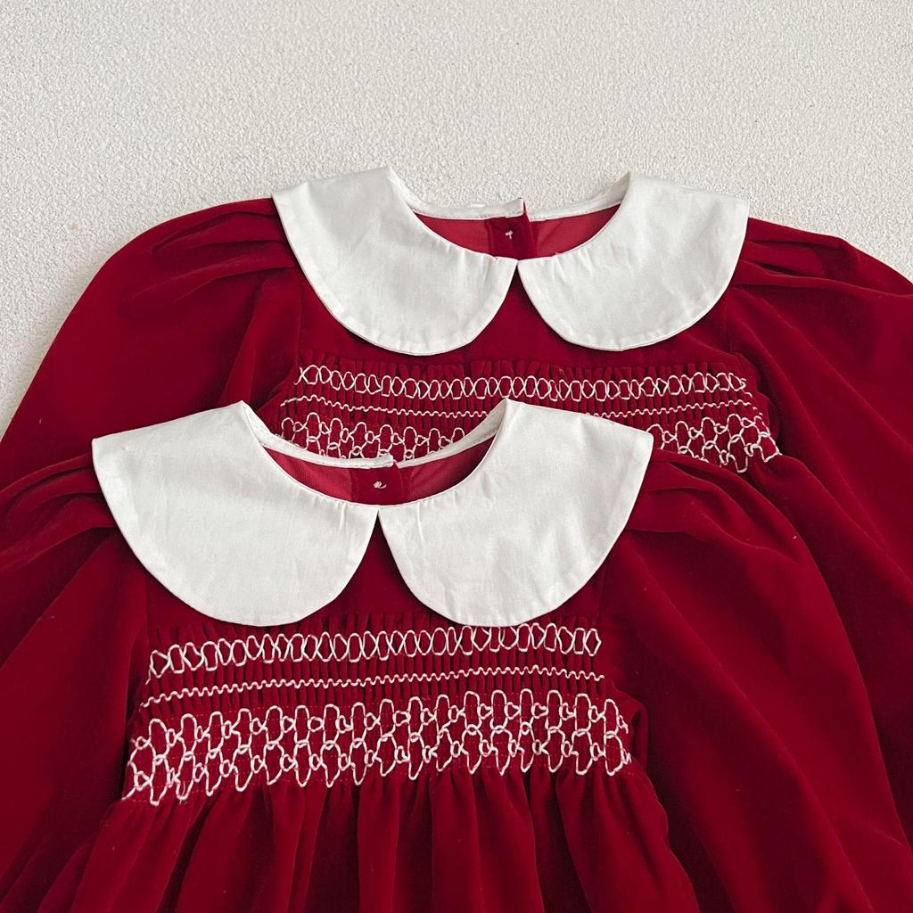 Red Baby Girls' Doll Collar Dress Bodysuit - Sisters' Spring/Autumn Romper Outfit