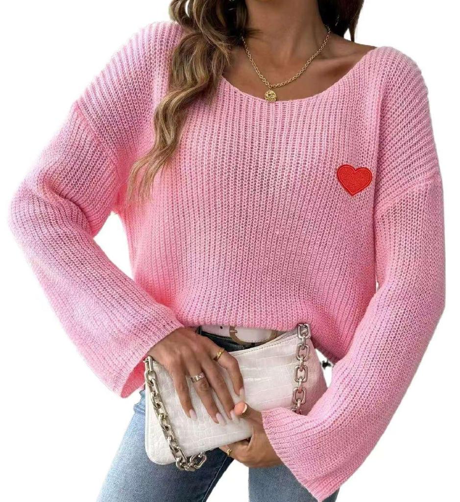 Valentine's Day Heart Embroidery One-Shoulder Pullover Sweater for Women