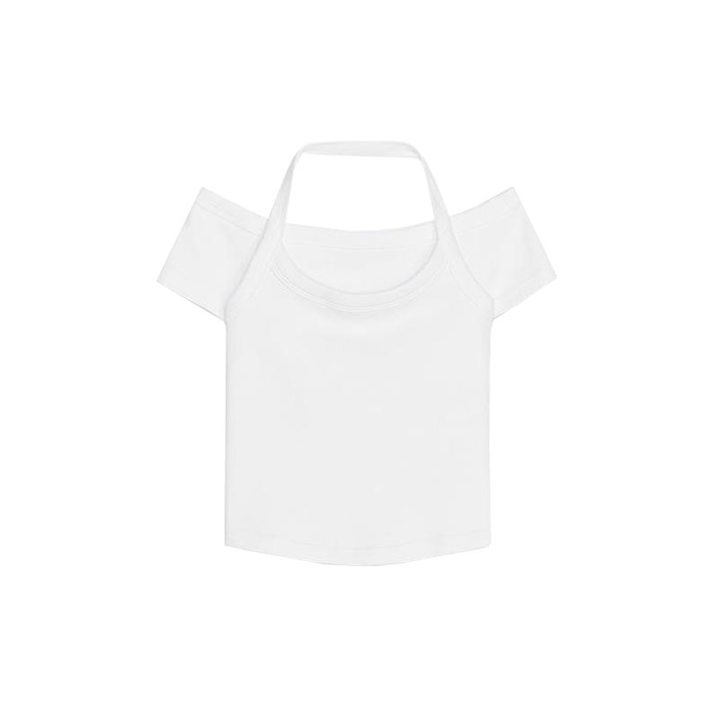 Spring and Summer New Women's Clothing Ins Style Minimalist Cotton Blend Double-Layer Design Boat Neck Short Sleeve Short Top 4174334