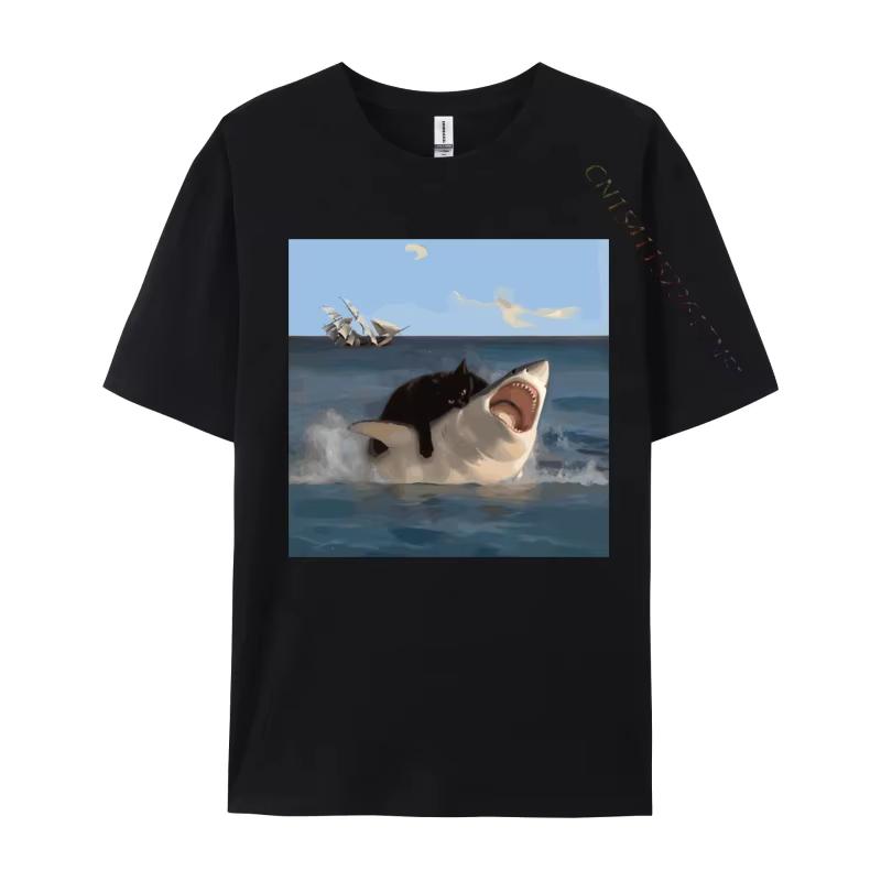 Cat Biting Shark Funny Art and Cat Lover Funny Cat and Shark Printed Cotton Unisex Tops Shirt Normal Tops Shirt Hip Hop TShirt 2XL