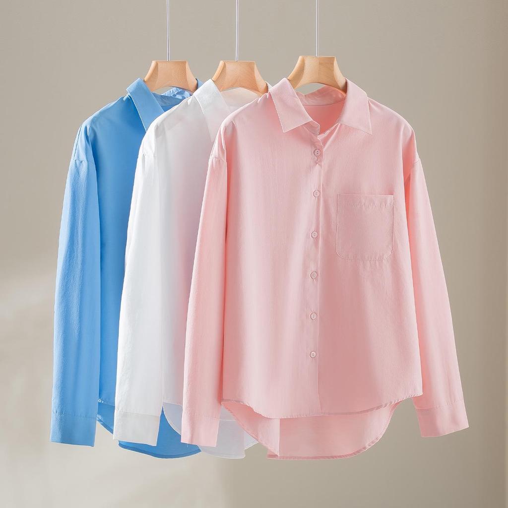 Spring 2026 Women's Versatile Long Sleeve Lapel Shirt - Front Short, Back Long, Loose Fit, Solid Color