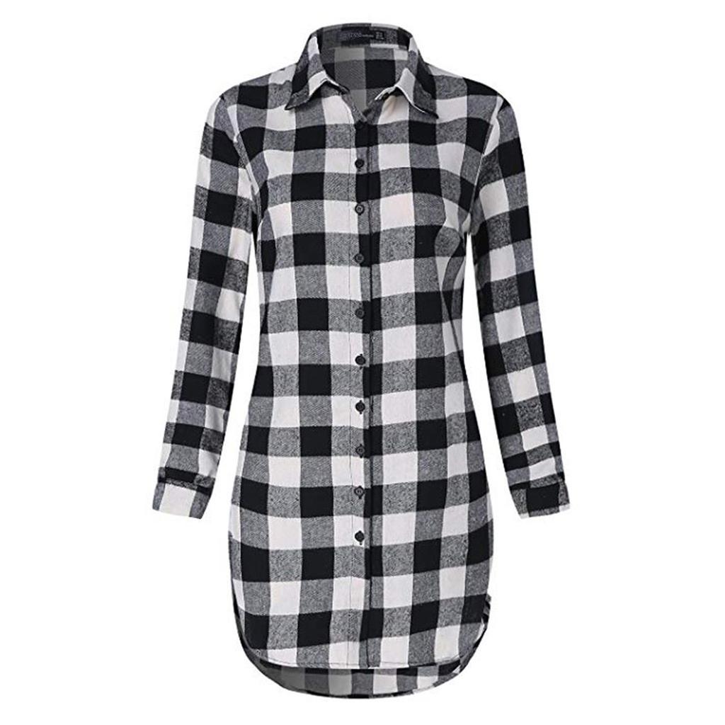 Women Blouses Tops Plaid Long Sleeve Collar Neck Casual Button Down Dress