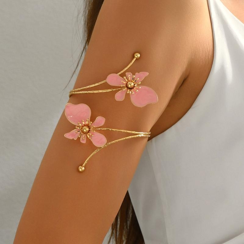 Openwork Upper Arm Cuff with Two Irregular Flowers, Intersecting Gold-Tone Bands, Rounded Ball Ends, and Clasp-Free Wear