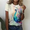 Artistic Colorful Peacock Design Women's T-shirt Casual Fashion Comfortable White Short-sleeved Loose T-shirt