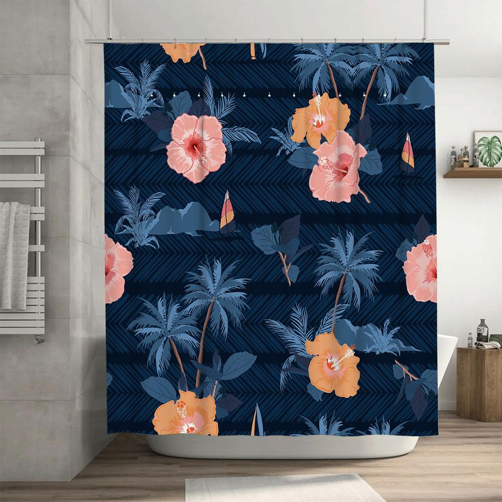 Blue Floral Shower Curtain with Palm Tree Pattern Waterproof Fabric for Bathroom Decor