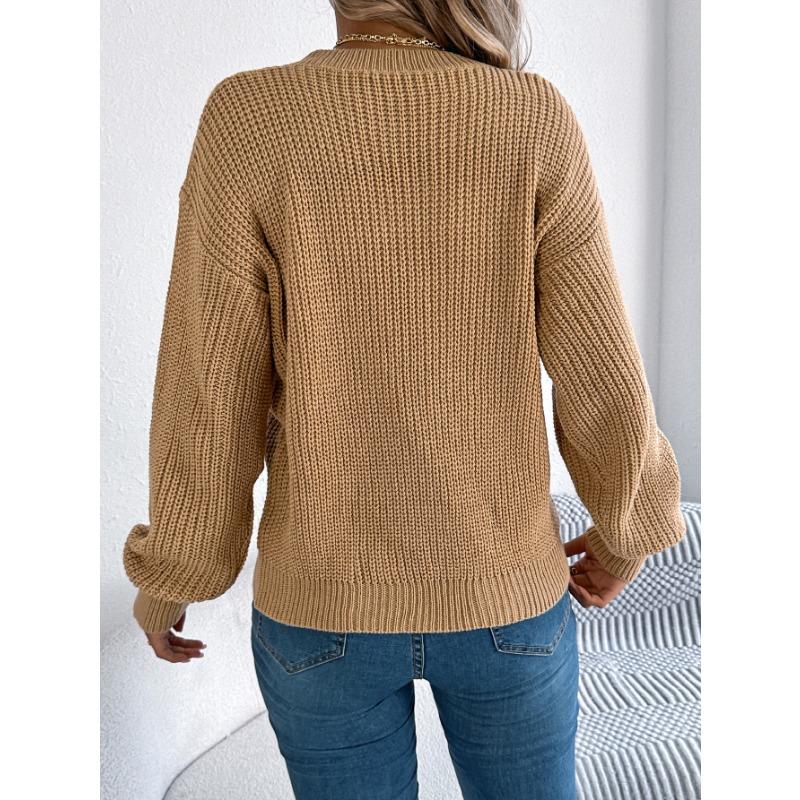 Pull-over décontracté pour femme automne et hiver, couleur unie, col V creux, manches lanternes