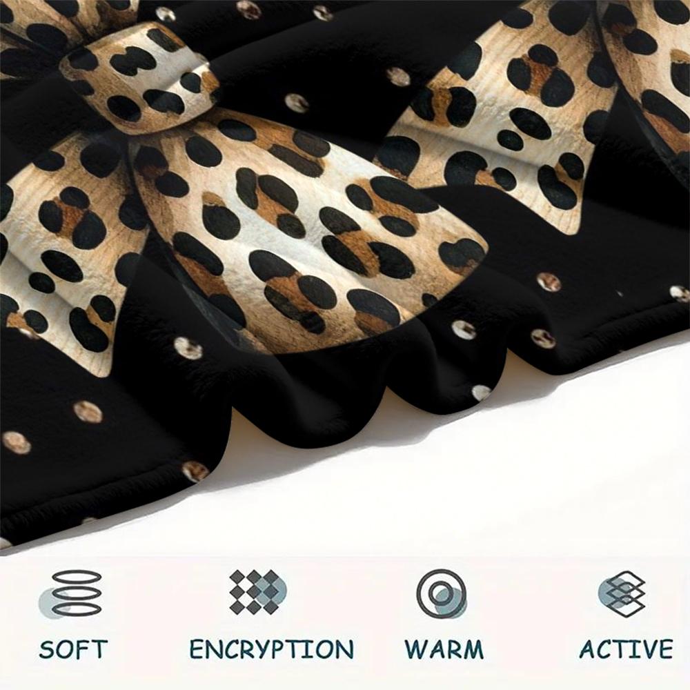 1Pc Leopard Bow Print Flannel Blanket, High quality Comfortable for All Seasons, Home Decor, Warmth and Comfort, Perfect for Gifts