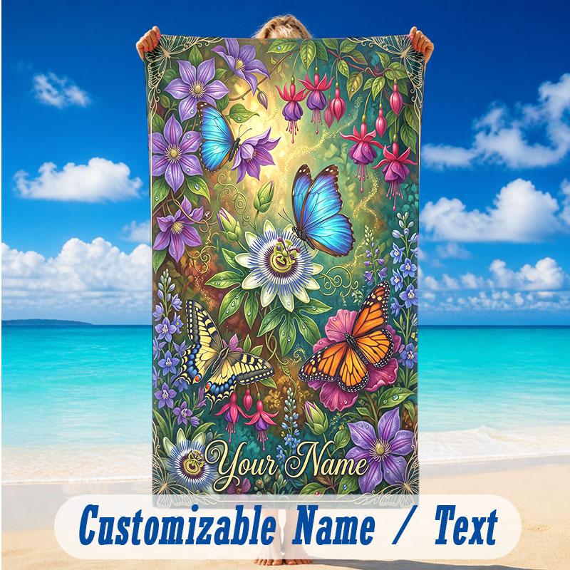 Butterfly Theme Beach Towel Personalized Custom Name & Text Soft Quick Dry Beach Towel for Swimming Travel