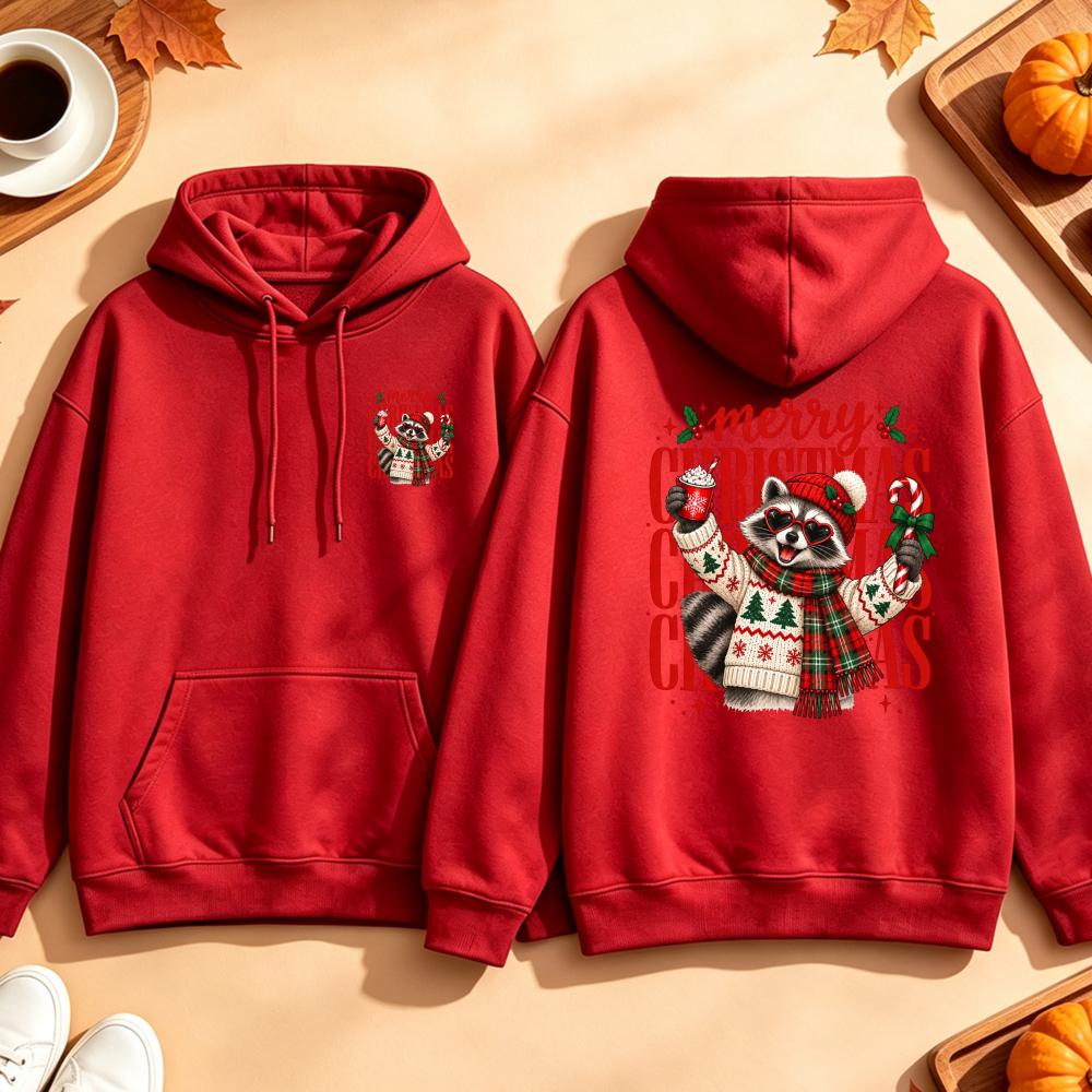 Merry Christmas Raccoon Hoodie Cute Heart Sunglasses Hot Cocoa Graphic Sweatshirt Winter Scarf Sweater Unisex Pullover Tops