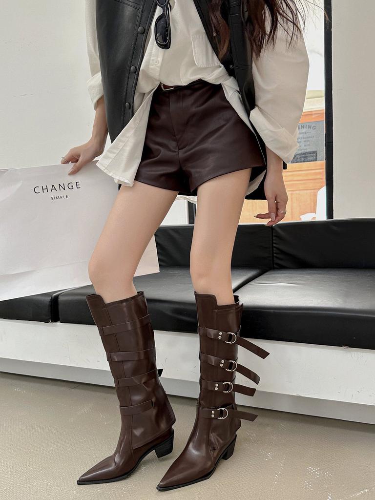 2025 nya europeiska och amerikanska stil bältesspänne tunna tjocka klack spetsiga riddarstövlar