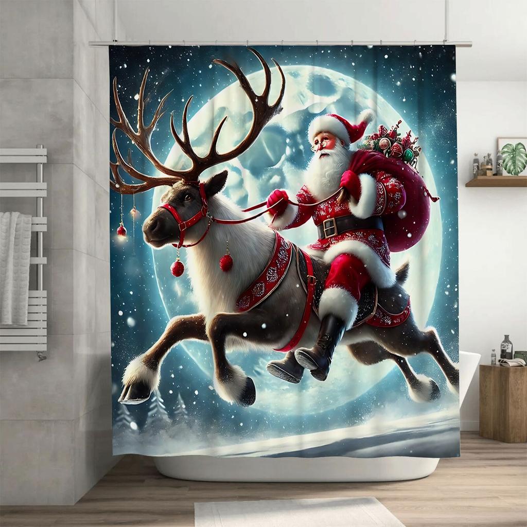 Santa Claus Riding Reindeer Shower Curtain Festive Christmas Decor Waterproof Fabric For Bathroom Home Improvement Elevate Space