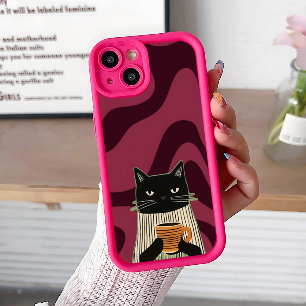 Cute Coffee Cat Thicken TPU Mobile Phone Case for iPhone 17 16 15 14 13 12 11 Air Pro Max Plus Colorful Cover