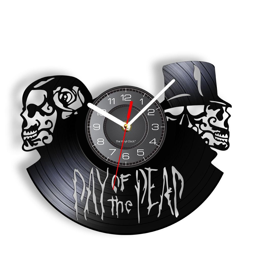 Dia de Muertos Day of the Dead Wall Clock Skulls Wall Art Vinyl Record Clock Halloween Death Skeletons Wall Art Horror Decor