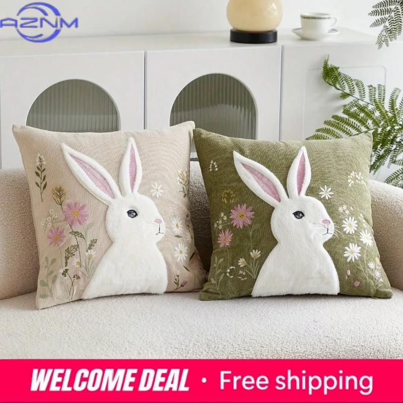 2D Printing Effect Beige Flower Rabbit Cushion Cover Made Of Polyester Fiber Material Suitable For Sofa Bedroom Spring Decoratio