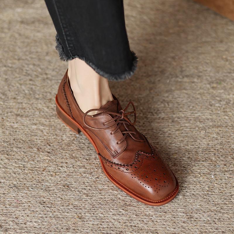 Fashion Women Genuine Leather Oxford Shoes Round Toe Black Brown Lady Lace Up Brogues Loafers Casual Shoes for Women Leather Shoes 2025