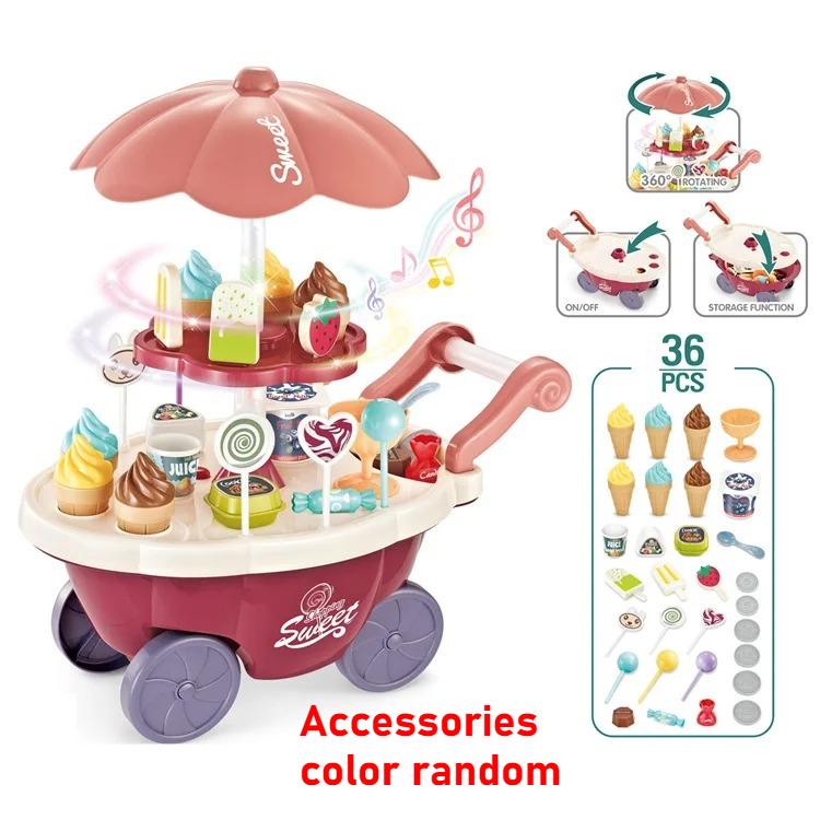 Ice Cream Toys Candy Cart Kids Play House Toys with Ice Cream Lollipop Music Rotatable Pretend Play Gift for Toddler Boys Girls