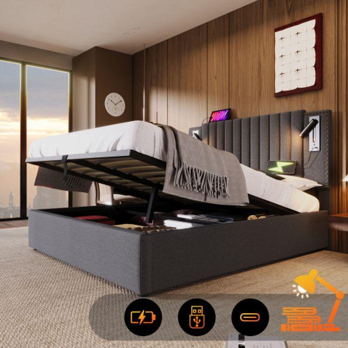Lit Rembourré 140x200, Avec USB Et Liseuse, Tête De Lit, Dossier Avec Design De Rivets, Coton, Gris (avec Matelas)