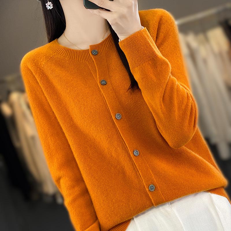 Korean Style Loose Wool Cardigan for Women - 100% Pure Wool, Fine Knit, Round Neck Sweater