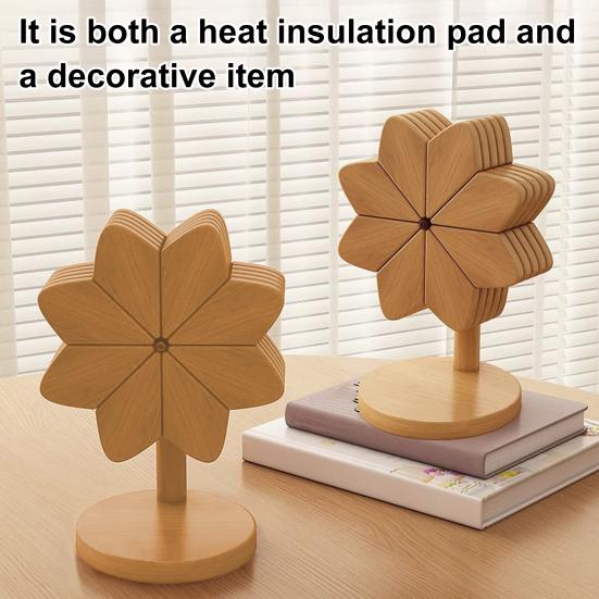 Yousheng 5Pcs/Set Wooden Coasters Set with Stand Pinwheel Shape Changeable Design Heat-resistant Coasters Kitchen Dining Decor
