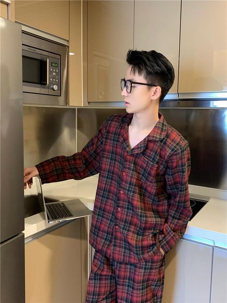 Korejský styl červený kostkovaný pyžamový set: Pohodlné, ležérní domácí oblečení pro páry