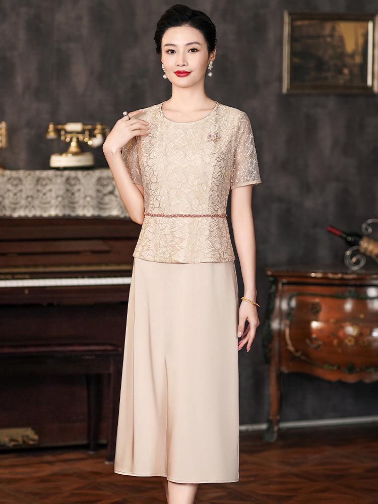 2024 Summer Elegant Apricot Lace Faux Two-Piece Long Dress for Weddings & Banquets