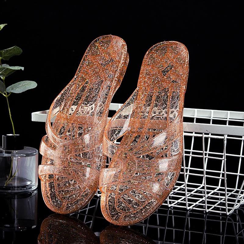 Women's Transparent Low Heel Crystal Slippers - Freeze Resistant, Korean Style for Indoor Summer Use