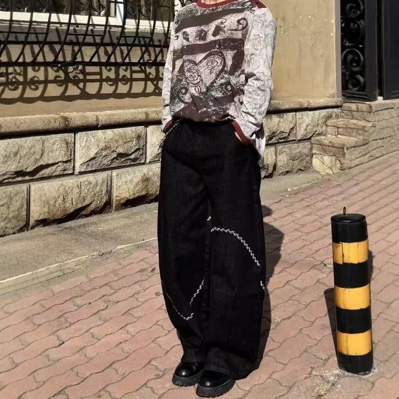 Niche embroidered wide-leg jeans men's summer retro loose casual high-end sense