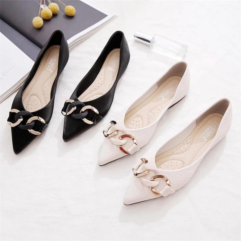 Fashion Black Women's Flat Shoes Low Heel Elegant Formal Ladies Footwear Pointed Toe White Luxury Brand Slip On Sale Wholesale Casual 39