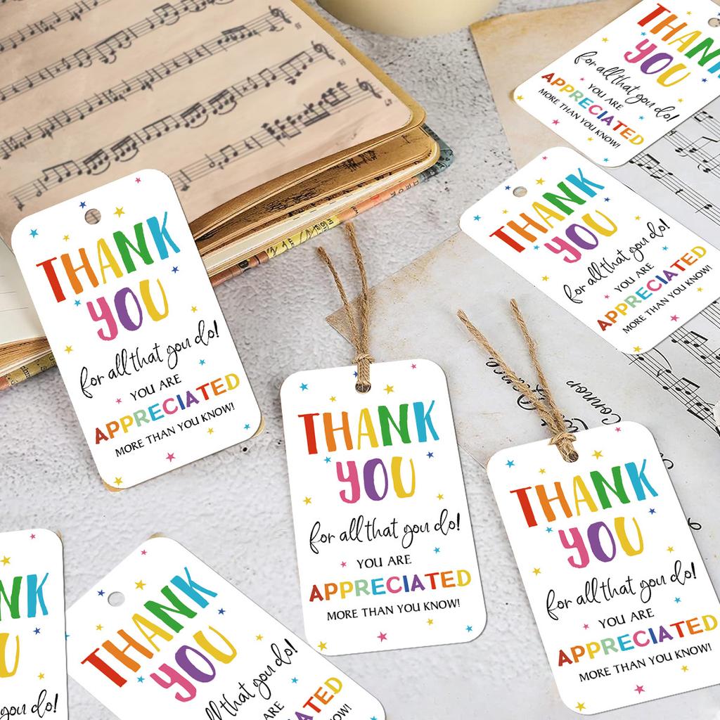 50Pcs Teacher Appreciation Hanging Tags with Jute Rope, School Party Decorations Gift Wrapping Labels, Thank You Cards