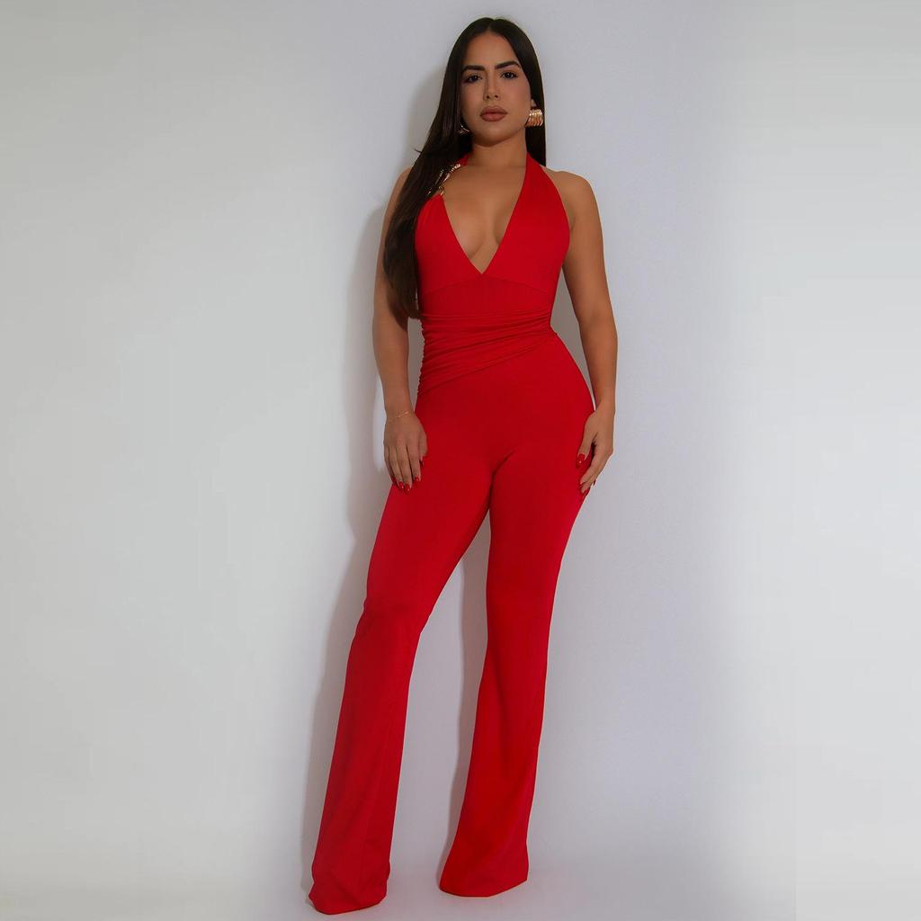 Strappy Deep V Halter Solid Color Jumpsuit - Women's Fashion Europe America Style