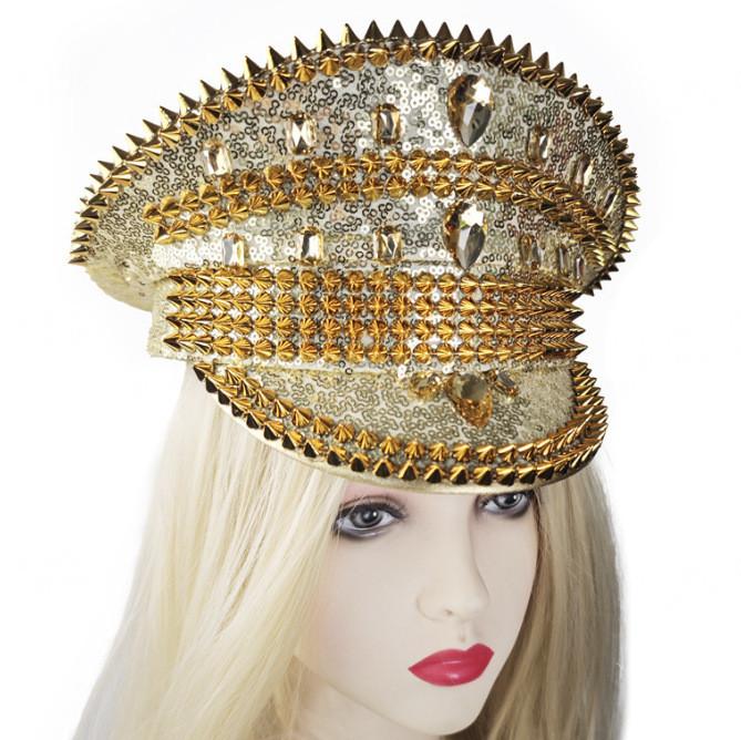 Cappello da Capitano Blu Navy Intarsiato di Strass, a Cilindro Piatto, con Ampia Visiera, per Cosplay e Fotografia