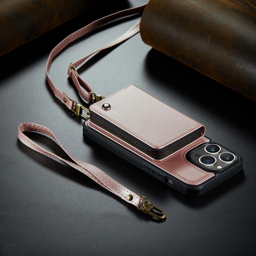 Zipper Leather Wallet Phone Case For iPhone 16 Pro Max 14Plus 14 15 13 12 11 Cards Holder Solt Stand Hand Strap Back Cover Coque