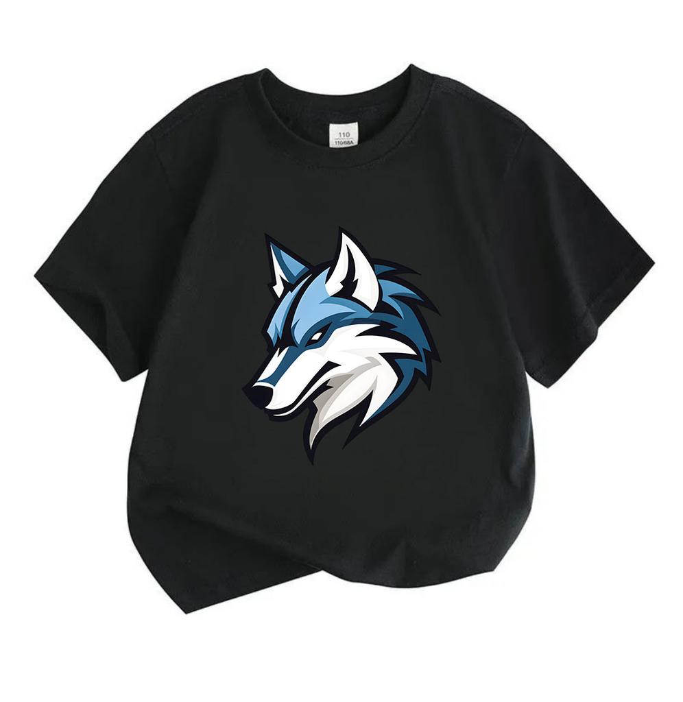 Kids Boys Girls Crew Neck Short Sleeve 100% Cotton T-shirt, Cool Stylish Wolf Head Graphic Casual Soft Tees Tops for Daily Wear School Outdoor Activit