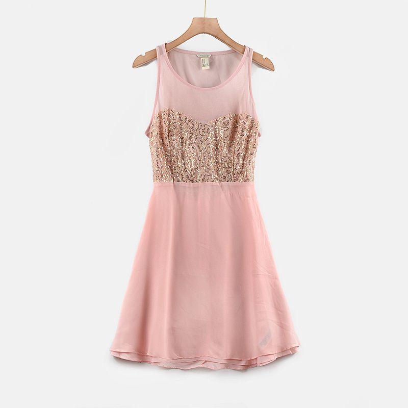 

to Fashion Export Sexy Mesh Stretch Chiffon Sequin Backless High Waist Slim-Fit See-through Pink Summer Dress Pink M\165\92A