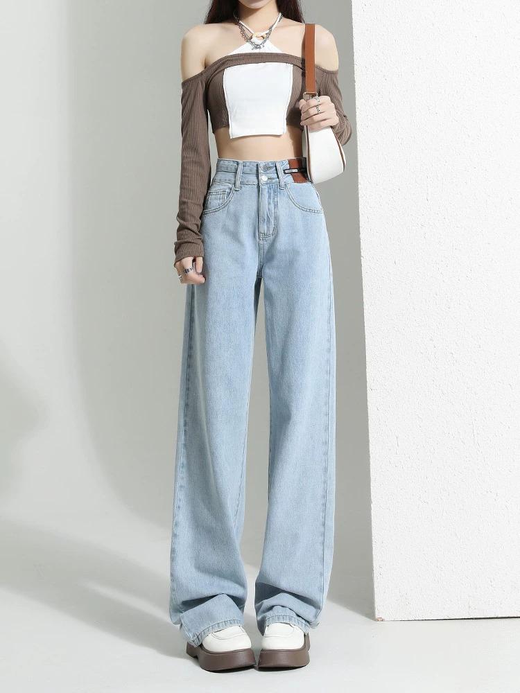 Women's High-Waisted Light Wide-Leg Jeans - New for Autumn 2023, Loose Fit, Floor-Length Draping Style