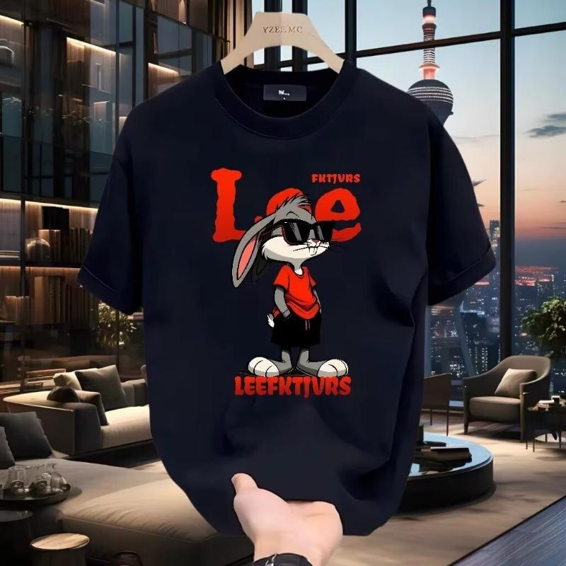 Mens Fashion Loose Fit Crew Neck Cartoon Print Casual Short Sleeve T Shirt S чёрный