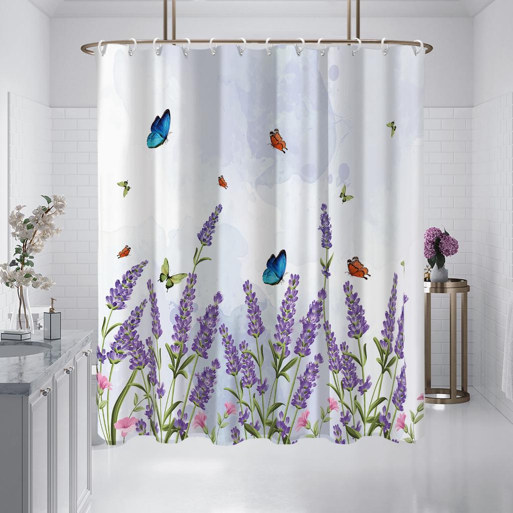 1 Piece 180X180Cm Natural Floral Purple Lavender Pattern Printed Shower Curtain Partition Bathroom Waterproof And Mildew Proof