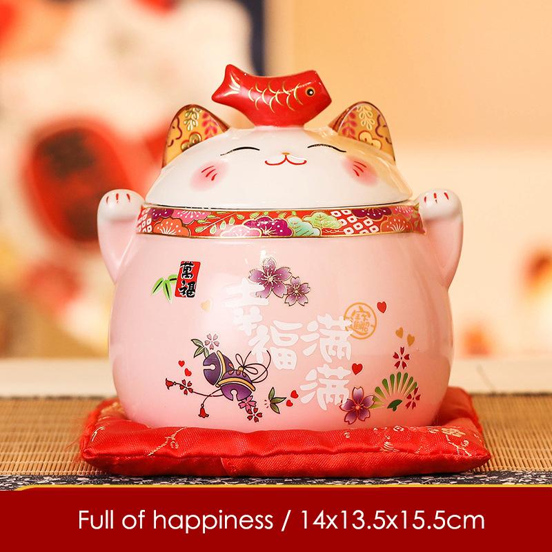 6 Inch Ceramic Maneki Neko Ornament Home Decoration Lucky Cat Figure Tabletop Candy Dish Cookie Canister Koi Fish Lid